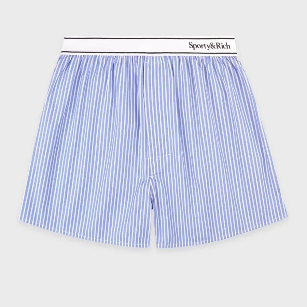 Sporty & Rich Serif Logo Boxer Shorts Light Blue Striped
